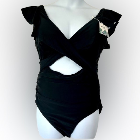 B2PRITY Other - B2PRITY Black One Piece Cut Out V neck Ruffle V back Swim Suit Size 2XL Black